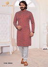 Red Colour Heavy Traditional Wear Art Silk Lucknowi Work Kurta Pajama Mens Collection 39010